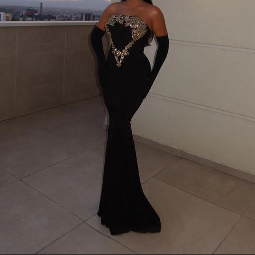 Monroe Strapless Velvet Maxi Dress with Gold Appliqu - Hot fashionista Monroe Strapless Velvet Maxi Dress with Gold Appliqu - Hot fashionista