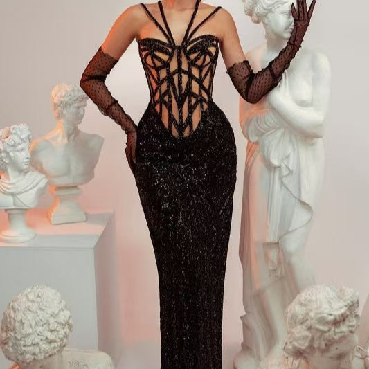 Steph Strapless Glitter Beaded Maxi Dress