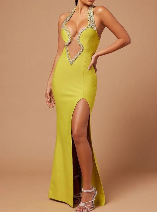 Abigail Open V Halter Crystal Detailed Dress - Hot fashionista