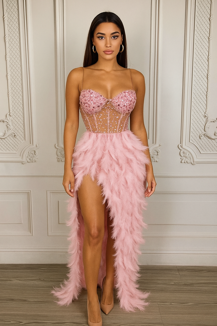 Crystal Muse White Feather Gown Luxury High Slit Rhinestone Dress - Hot fashionista