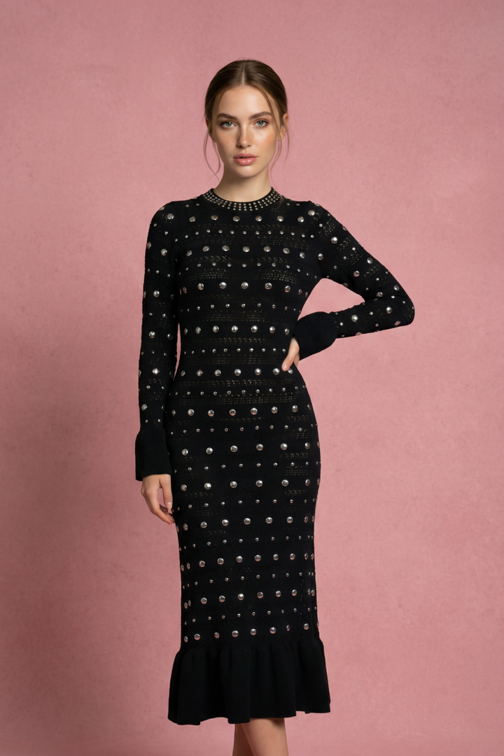 Rylee Studded Crochet Knit Maxi Dress