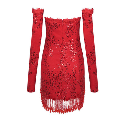 Laurie Crystal Tassel Sequin Patchwork Lace Mini Dress - Hot fashionista