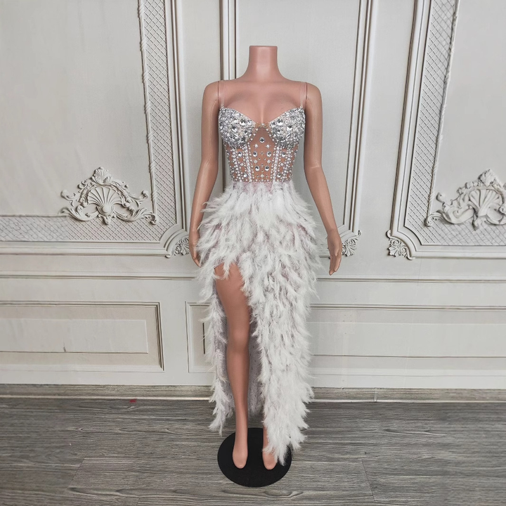 Crystal Muse White Feather Gown Luxury High Slit Rhinestone Dress - Hot fashionista