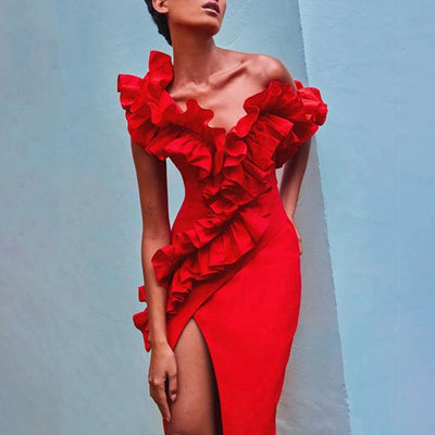 Amelia Ruffled Detail High Slit Maxi Dress - Hot fashionista