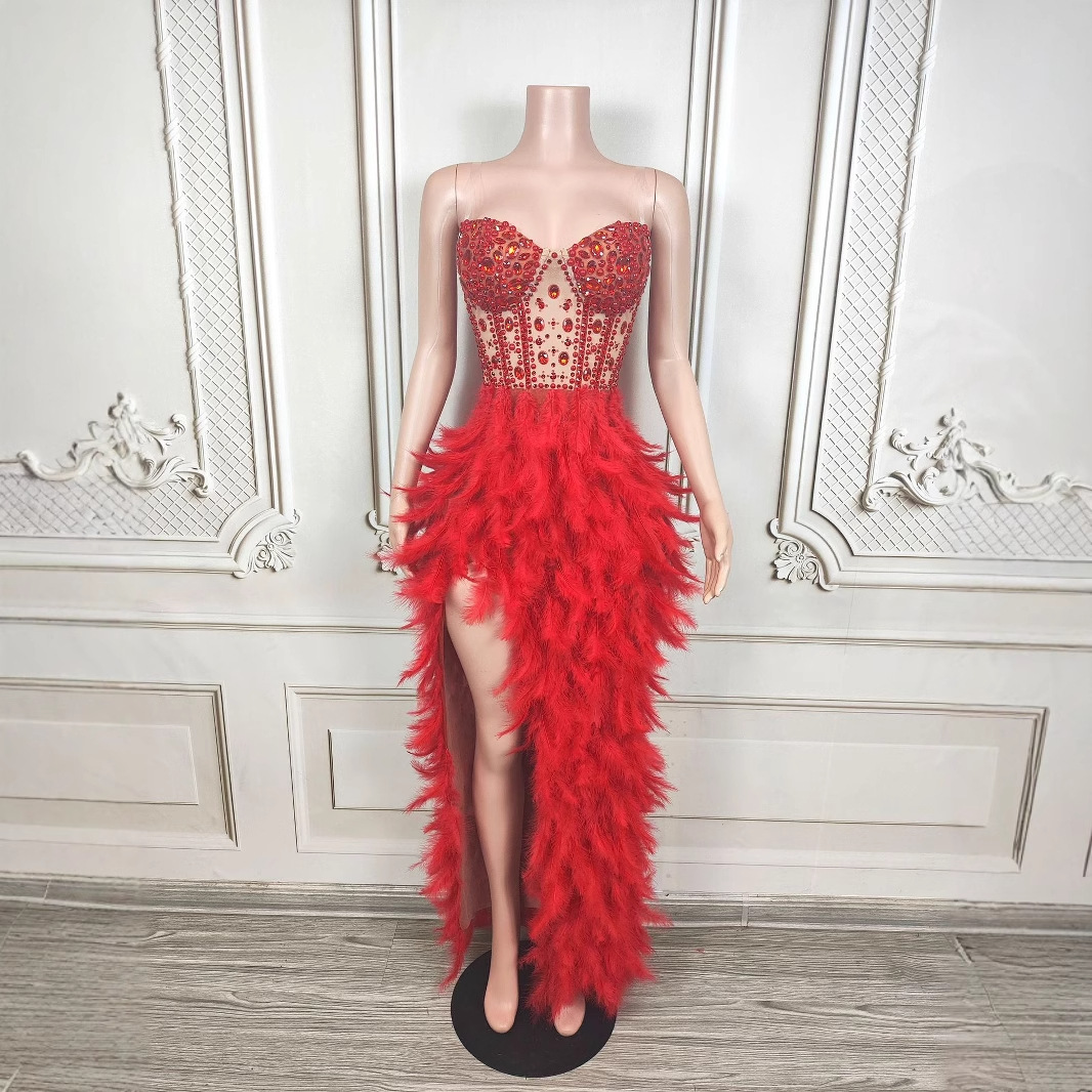 Crystal Muse White Feather Gown Luxury High Slit Rhinestone Dress - Hot fashionista