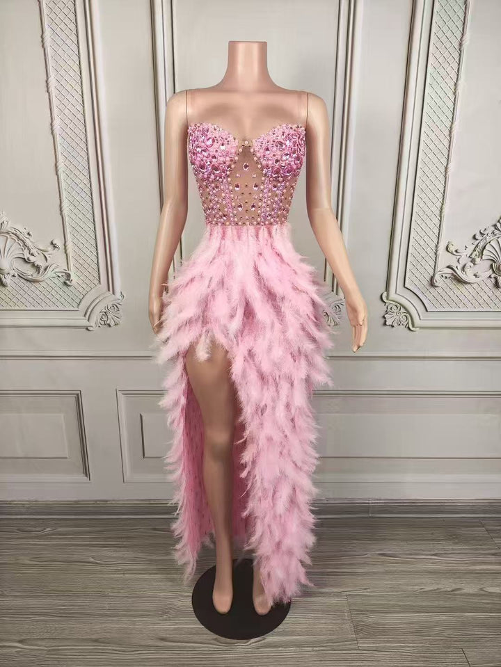 Crystal Muse White Feather Gown Luxury High Slit Rhinestone Dress - Hot fashionista