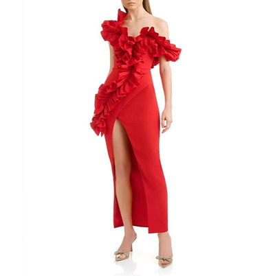 Amelia Ruffled Detail High Slit Maxi Dress - Hot fashionista