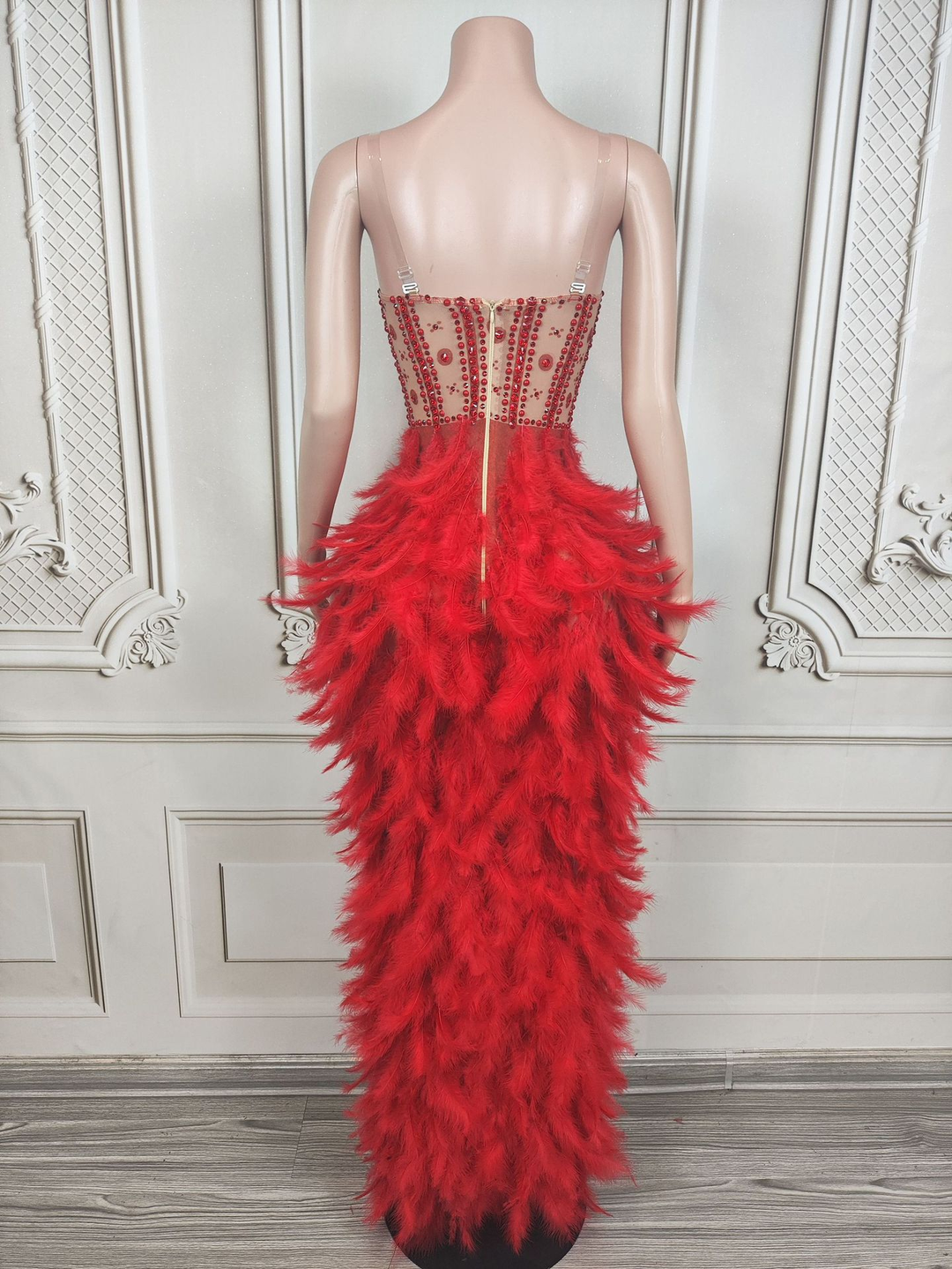 Crystal Muse White Feather Gown Luxury High Slit Rhinestone Dress - Hot fashionista