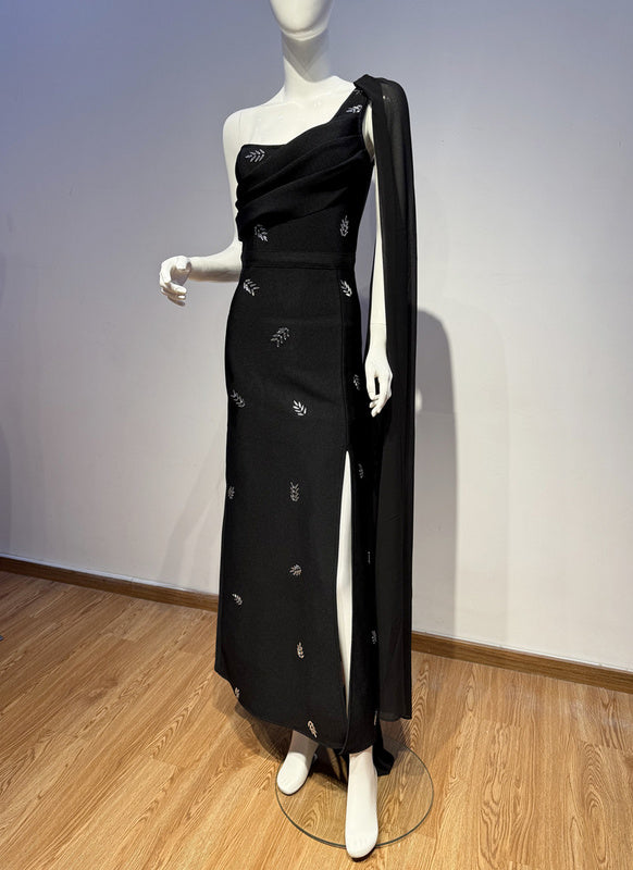 One-Shoulder Embellished Evening bandage Gown with Slit Elegant Formal Maxi Dress - Hot fashionista