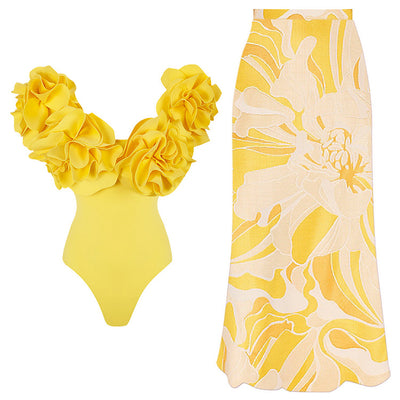 Vicki 3D Ruffled Swimsuit and Floral Sarong Set - Hot fashionista
