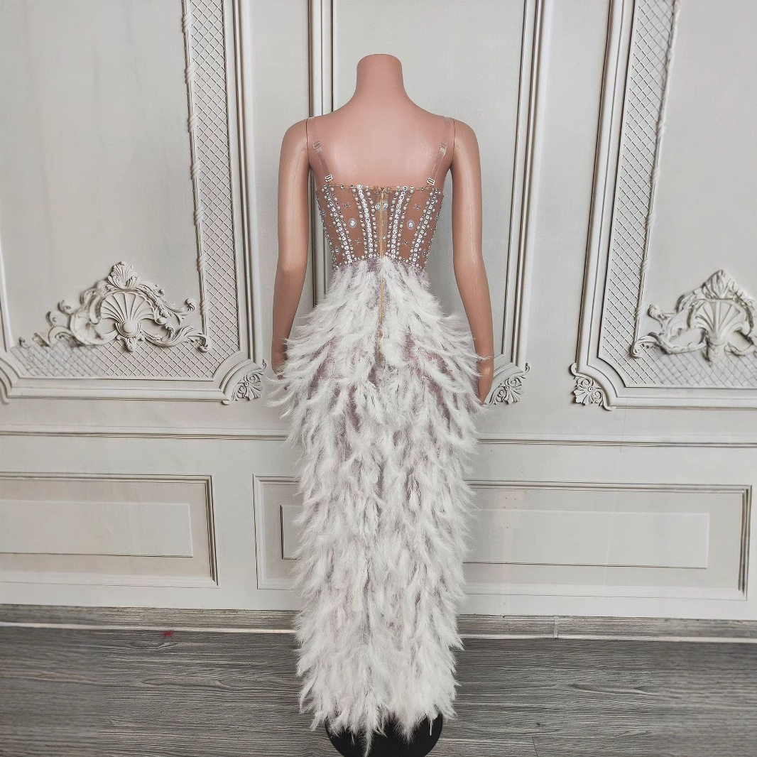 Crystal Muse White Feather Gown Luxury High Slit Rhinestone Dress - Hot fashionista