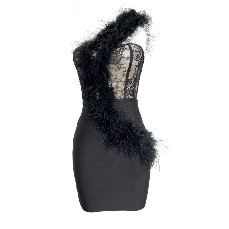 Pearle One-shoulder Feather Lace Mini Dress - Hot fashionista
