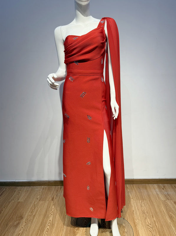 One-Shoulder Embellished Evening bandage Gown with Slit Elegant Formal Maxi Dress - Hot fashionista