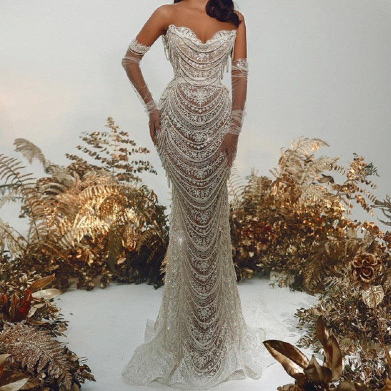 Hollie Beaded Pearls Lace Mermaid Dress - Hot fashionista