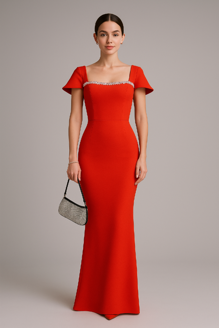 Elegant  Hourglass Evening Gown with Crystal Neckline & Flutter Sleeves - Hot fashionista