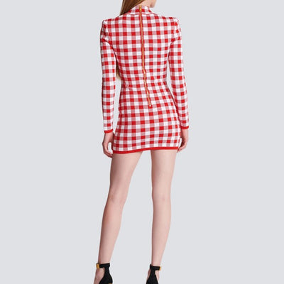 Hot Fashionista Abby Long Sleeve Gingham Print Button Embellished Mini Dress