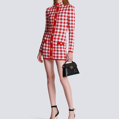 Hot Fashionista Abby Long Sleeve Gingham Print Button Embellished Mini Dress