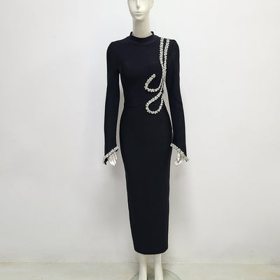 Aggie Long Sleeve Mock Neck Crystal Embellished Midi Dress - Hot fashionista