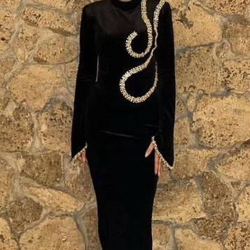 Hot Fashionista Aggie Long Sleeve Mock Neck Crystal Embellished Midi Dress