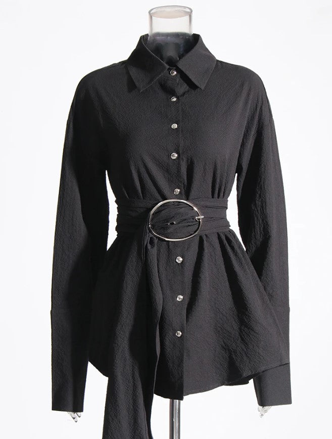 April Oversized Belted Collared Mini Shirt Dress.
