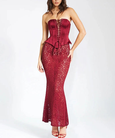 Edelina Burgundy Satin Lace Corset Maxi Dress - Hot fashionista