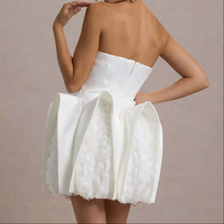 Astraea Bandeau Mini Dress With Puff Floral Hem - Hot fashionista