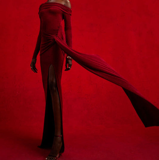 Avalon-Rae Long Sleeves Off Shoulder with Knot Belt Maxi Dress - Hot fashionista