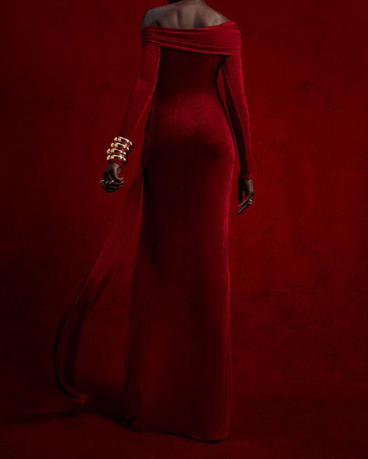 Avalon-Rae Long Sleeves Off Shoulder with Knot Belt Maxi Dress - Hot fashionista