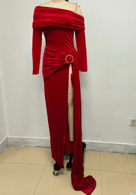 Avalon-Rae Long Sleeves Off Shoulder with Knot Belt Maxi Dress - Hot fashionista