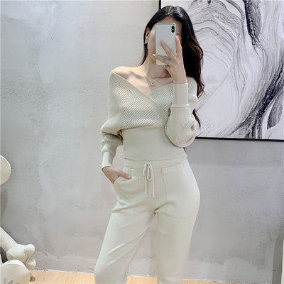 Double V-neck Sexy Off Shoulder Short Style Temperament Fashion Set Women's Spring Knit Two Piece Set - Hot fashionista
