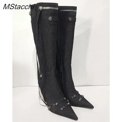 Metal Rivet High Knee Boots Pointed Toe Thin Heels - Hot fashionista