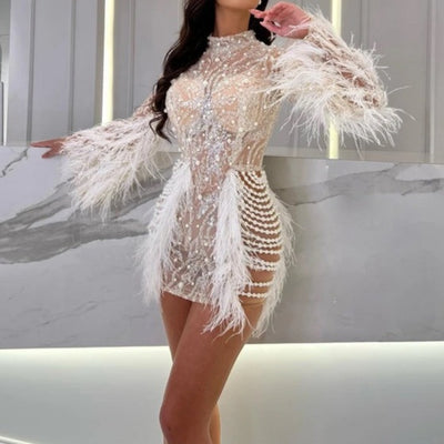 Hot Fashionista Bailey Feather Sleeve Sequined Mini Dress