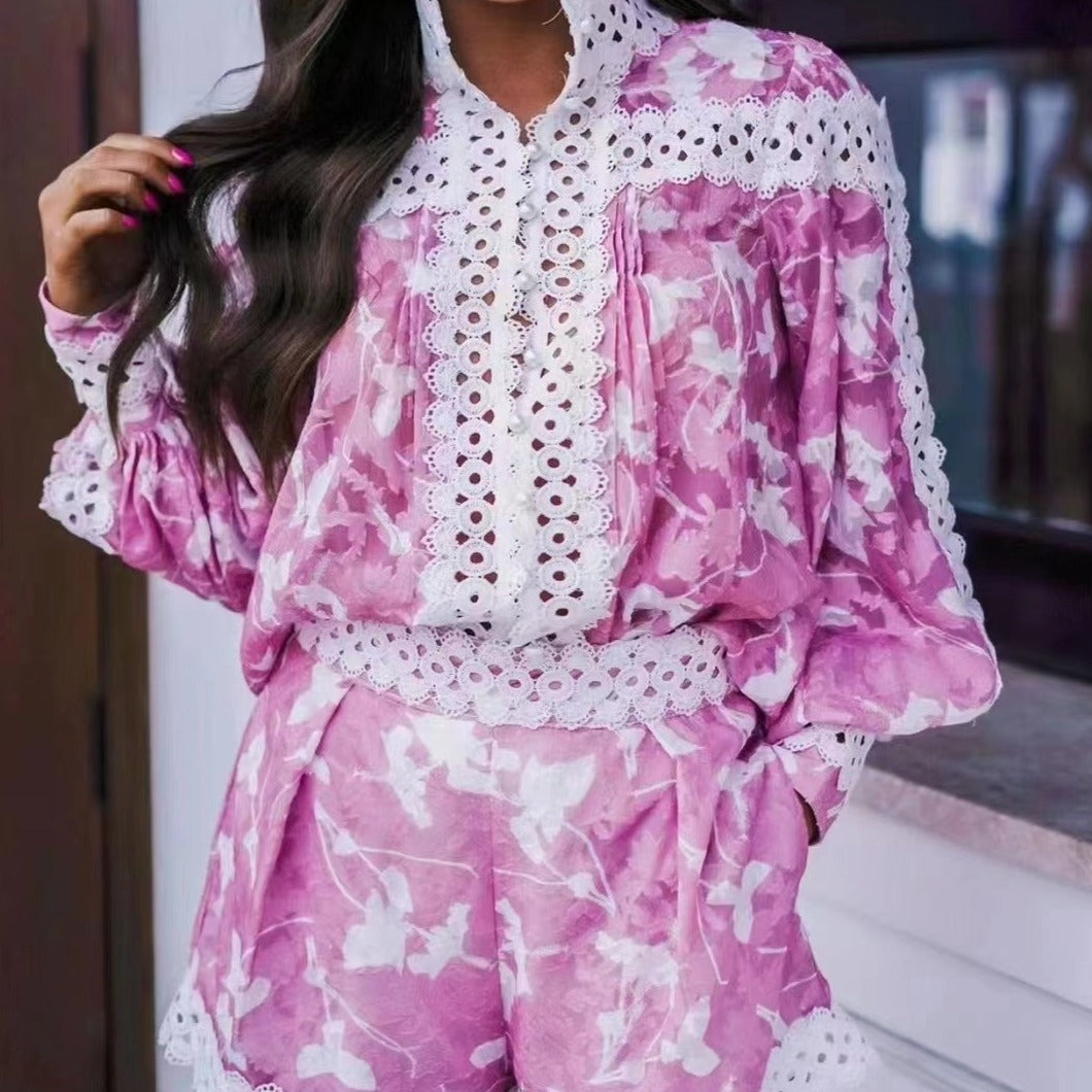Hot Fashionista Belle Long Sleeve Lace Printed Top & Short Set
