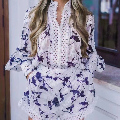 Hot Fashionista Belle Long Sleeve Lace Printed Top & Short Set