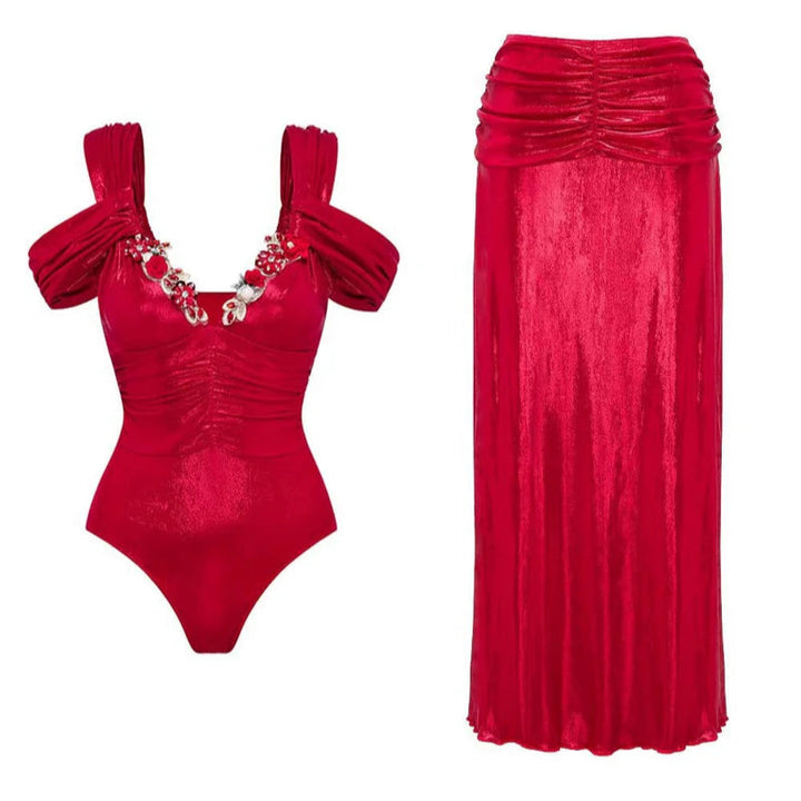 Brisa Luminous Deep-V Swimsuit & Maxi Skirt Set - Hot fashionista