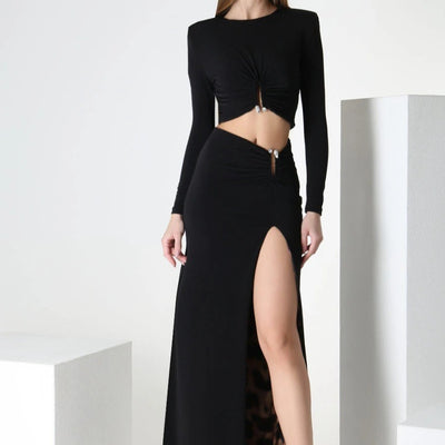 Hot Fashionista Carla Long Sleeve Top & Side Slit Long Skirt Set