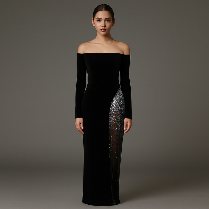 Everly Black Velvet Dress With Embroidery On Slit Dress - Hot fashionista