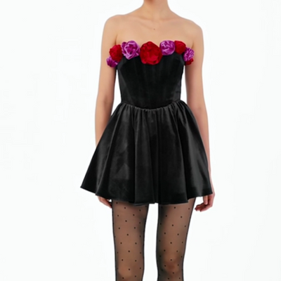 Hot Fashionista Clara Off Shoulder Floral Applique Pleated Hem Mini Dress