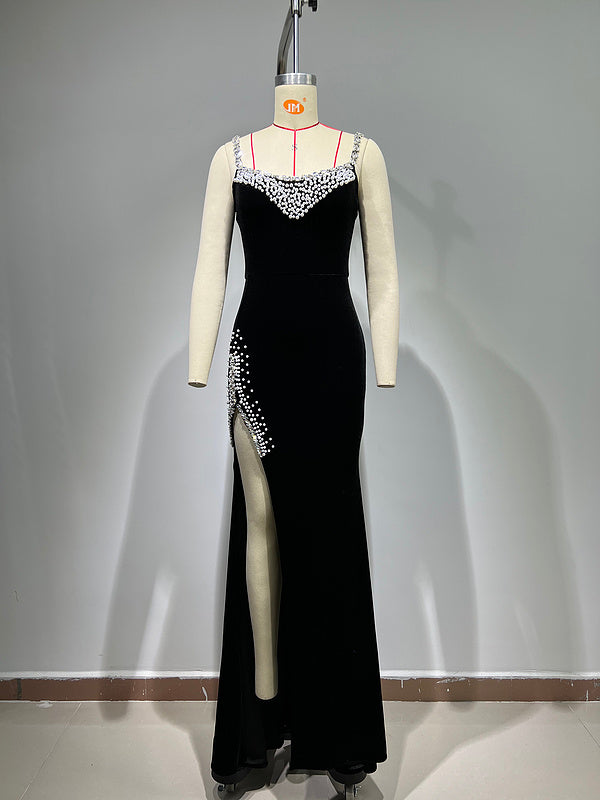 Cornelia Crystal Spaghetti Straps Side Slit Maxi Dress - Hot fashionista