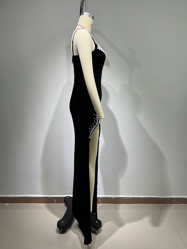 Cornelia Crystal Spaghetti Straps Side Slit Maxi Dress - Hot fashionista