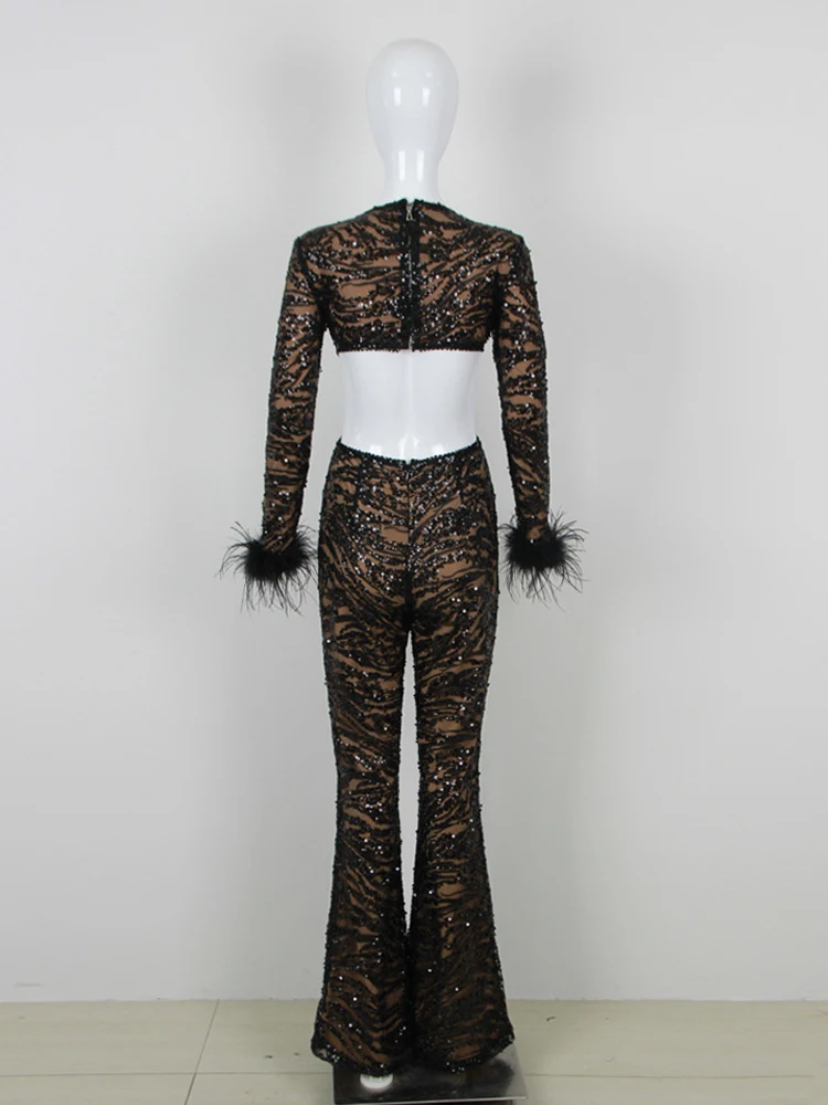 Danielle Backless Sequined Feather Jumpsuit - Hot fashionista
