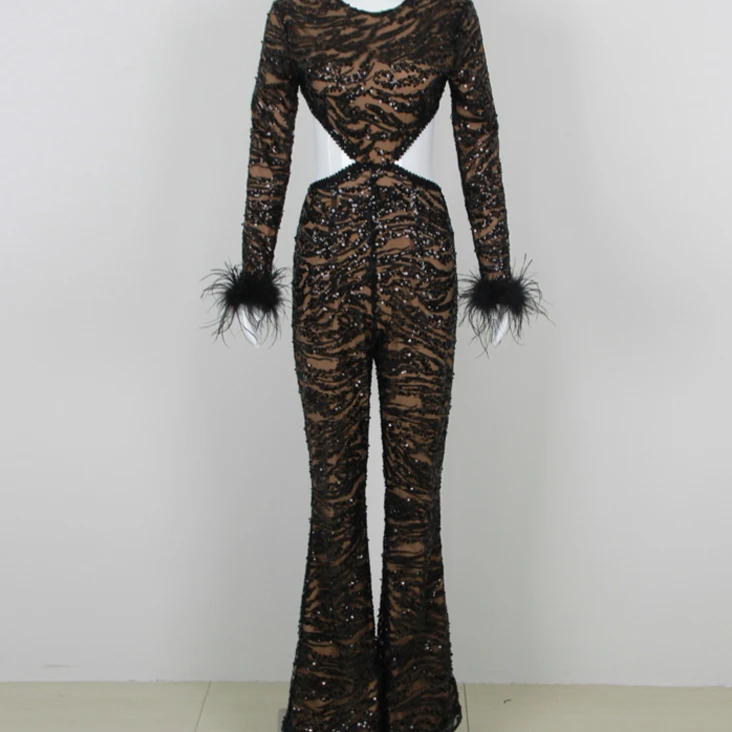 Hot Fashionista Danielle Backless Sequined Feather Jumpsuit