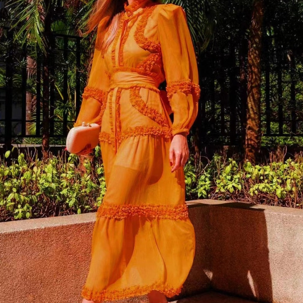 Hot Fashionista Dianna Lantern Sleeve Spliced Ruffle Maxi Dress