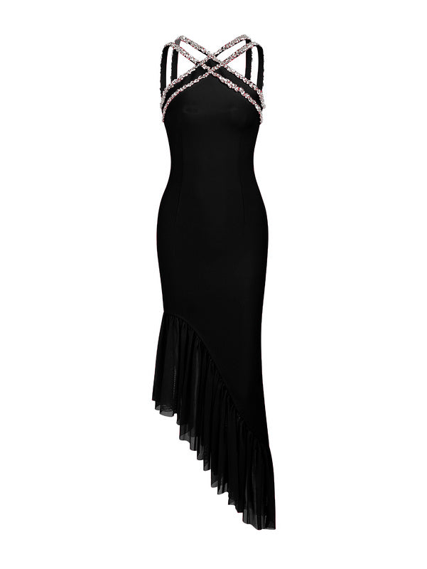 Dina Rhinestone Detail Asymmetrical Hem Midi Dress - Hot fashionista