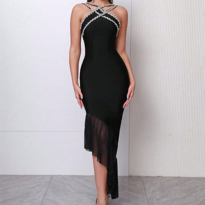 Hot Fashionista Dina Rhinestone Detail Asymmetrical Hem Midi Dress
