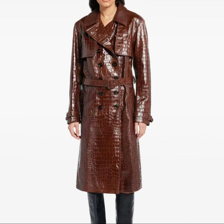 Dovie Crocodile-Effect Leather Trench Coat - Hot fashionista
