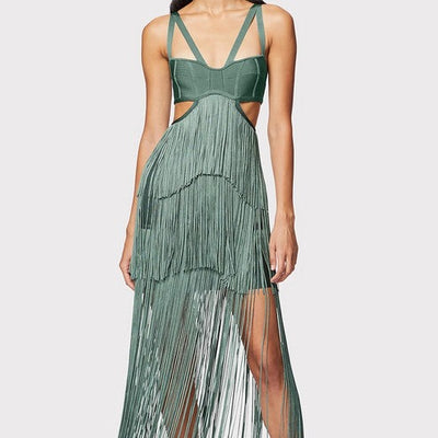 Hot Fashionista Edna Strappy Cut Out Fringed Midi Dress
