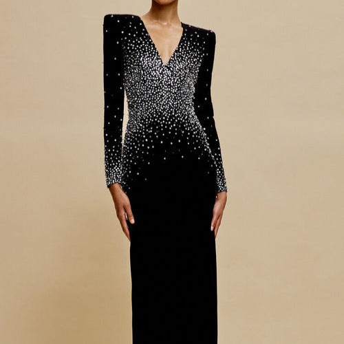 Ellery V-Neck Crystal Long Sleeve Maxi Dress - Hot fashionista