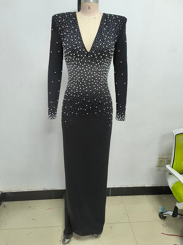 Ellery V-Neck Crystal Long Sleeve Maxi Dress - Hot fashionista