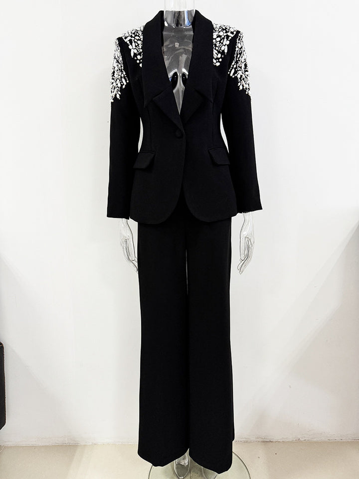 Emani Tailored Pantsuit with V-Neck and Beaded Shoulders. - Hot fashionista